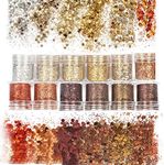 Laza Autumn Nail Glitter, 12 Colors Acrylic Nails Art Glitter Powder Sequin, Retro Copper Iridescent Flake Paillette Sparkle Tip 120g for Gel Polish, Face, Eyes, Body, Hair, Jewelry, Resin -Golden Age