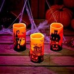 THE TWIDDLERS - Set of 3 Real Wax Flameless Halloween Candles – LED Battery Operated Flickering Pillar Candles for Spooky Indoor & Outdoor Halloween Decor
