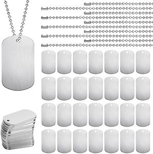 Elesunory 100 Pcs Military Dog Tags Set, 50 Pcs Aluminum Blank Dog Tags and 50 Pcs Iron Necklace Chain, Dog Tags Engraved for Pets, Perfect for DIY Decorative Craft Pet Dog ID Tags, Silver