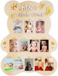 My First Year Picture Frame, Cut Bear Shape Baby Photo Frame Wood Board Personalized 12 Months Baby Photo Display 1st Birthday Memories Gift for Boy Girl Nursery Decoration