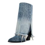 MUCCCUTE Women's Denim Boots Cowboy Western Fold Over Cowgirl Boots Chunky Stacked Heel Pointed Toe Pull On Wide-Calf Boots, Blue, 8