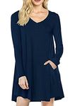 YMING Ladies's Solid Color Long Sleeve Dress Sexy V-Neck Dress Swing Dress Navy Blue 2XL