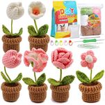 Beginner Crochet Kit, 6 Pcs Mini Flowers Potted Kit, Double Head Hook Knitting Set Starter Crochet Kit with Step-by-Step Instructions and Video Tutorials (Pink)
