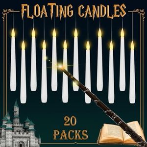 Lezonic Floating Candles with Magic Wand Remote, 20 Pack Hanging LED Candles, Flameless Flickering Taper Candles with 6H Timer, Battery Operated Candles for Halloween Christmas Party Home Decor