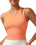 RUNNING GIRL Sports Bras for Women High Impact Seamless Ribbed Longline High Neck Workout Crop Tank Tops Padded(BX3036Light Orange,L)