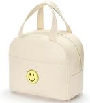 WALONER Lunch Bag for Women Large Insulated Lunch Box Reusable Lunch Tote Bag with Smiley Preppy Lunch Bag,Soft Leather Lunchbag for Work School Picnic Travel (White)