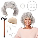 Invalidism Old Lady Fancy Dress Set,9 Pcs Grey Granny Wig Cap Pearl Necklace Earrings Bracelet Cane Glasses with Chain Accessories Kit for Halloween World Book Day Masquerade Carnival