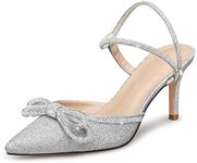 Susanny Women's Closed Toe Rhinstone Wedding Low Heel Slingback Clear Kitten Heels,Adjustable Strap Pointed Toe Bow Pumps High Heeled Prom Dress Shoes, Silver-sparkly Bow, 9