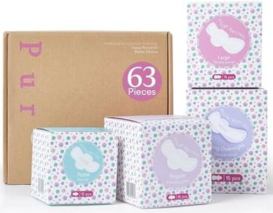 PurComfy Teens First Period Starter Kit for Girls 9-10-11-12-14 63pcs Period Pads for Tweens Teens, Menstrual Pad Box for Girls Period Kit for School, 4 Essential Size fit for Tween Period Underwear