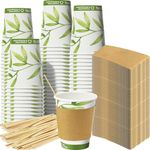 Recyclable Biodegradable Hot Drink Cups 12 Oz 100 Pk of Compostable Paper Mugs, Wood Stirrers and Cardboard Coffee Sleeves. Bulk 12oz Beverage Supplies Set Perfect for Eco Friendly Business or Cafe.