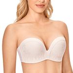 Delimira Women's Strapless Bra Padded Push Up Underwired Support Lift Plus Size Lace Bandeau Bra Rose White 42DD