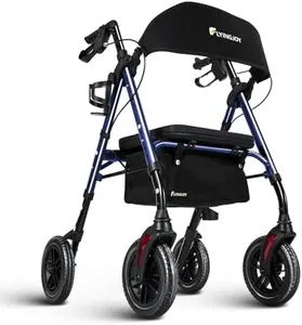 FlyingJoy Rollator Walker with Seat and Brakes, 300 lbs Adults Bariatric Walker for Seniors with Extra Wide Backrest, Lightweight Folding Adjustable Height, All Terrain Rolling Walker 8 Inch 4 Wheels