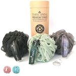 Shower Loofahs - 3 Pack Natural Recycled Shower Pouf Set for Men and Women - Exfoliating Body Scrubber for Bath - Shower Puff/Shower Scrunchie for Dead Skin Removal - Sea Green