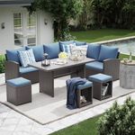 LOCCUS 6 Pieces Patio Furniture Outdoor All-Weather Sectional Patio Sofa Set Ottomans with Cushion and Dinning Table for Garden, Poolside, Balcony (Dark Brown and Blue)