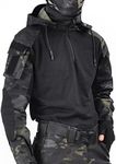 HAN·WILD Tactical Shirts for Men Long Sleeve Military Shirts with Elbow Pads Combat Shirts with Hood 1/4 Zip, Black Camo, Large