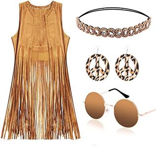 70s Outfits for Women, 4 Pack Disco Outfit - Fringe Vest, Earrings, Headband, Sunglass, Halloween Hippie Costume for Adults