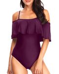 Tempt Me Women's One Piece Swimsuit Vintage Off Shoulder Ruffled Bathing Suits, Deep Purple, Medium