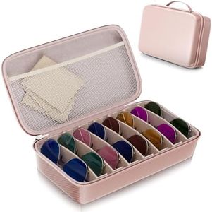 Vecxoty Pink Travel Sunglasses Organizer For 5 Pairs​, EVA Hard Shell​Sunglass Case with Soft Lining & Adjustable Slot for Secure Multiple ​Sunglasses Storage, Portable Eyeglass Case for Men Women