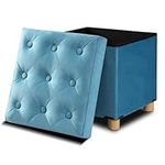 Wamnexti Velvet Ottoman with Storage, Foldable Storage Ottoman, Storage Bench with Wood Legs, Small Ottoman Foot Rest, Cube Foot Rest Stool for Living Room 15"x15"x15"-Velvet-Blue