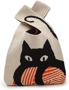 Kawn® Crochet Wrist Handbag for Women Wristlet Handbag Sleeve Knot Pouch Portable knitted breathable lightweight foldable Casual Small Purse Cute Tote Bag For Shopping, Dating, Travel (Black Cat)