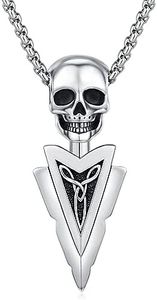 ZIPPICE Chaîne en argent sterling 925 avec tête de mort et pointe de flèche - Collier pour homme - Pendentif tête de mort - Pendentif crâne - Bijoux gothiques - Cadeau pour mari, homme, frère, Argent
