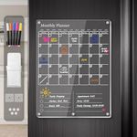 Acrylic Magnetic Fridge Calendar, Clear Dry Erase Board Calendars for Refrigerator, 2 in1 Monthly Calendar to Do List Board, Calendar WhiteBoard Kitchen Menu Planner Board with Markers (White)