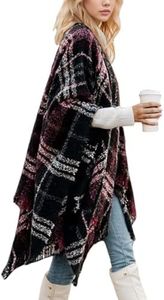 OWIF Women's Shawl Wraps Open Front Travel Poncho Cape Warm Oversized Plaid Sweaters Casual Cardigan Shawls for Fall Winter,Series 01-Wine Red