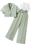 Floerns Girl's 2 Piece Outfits Short Sleeve Button Front Blazer Jacket & Belted Cami Jumpsuit Sets Green and White 10Y