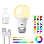 USB Rechargeable Light Bulb with Remote Control, 8W Smart RGB Color Changing Bulb, 9+3 Color Temperature E26 LED Dimmable Touch Control Bulbs with Timing Function, 2600mah Battery Powered A19,1 Pack