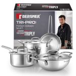 Bergner TriPro TriPly Stainless Steel 7 Pcs Cookware Set - Deep Kadai 20cm (1.5 L), 20cm Sautepan (1.2 L), 16cm Saucepan (1.7 L), 20cm Casserole (3 L), 3 Stainless Steel Lids, Induction Bottom
