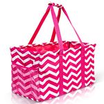 Lucazzi Extra Large Utility Tote Bag,Oversized Collapsible Reusable Wire Frame Rectangular Canvas Basket With Two Exterior Pockets For Beach, Pool, Laundry, Car Trunk, Storage, Chevron Pink, XL