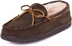 Minnetonka Men's Pile Lined Moccasin Slippers with Hard Soles, Chocolate, 8.5 W US