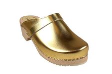 Lotta From Stockholm Swedish Classic Clog Mule for Women | Low Heel Slip-on Wooden Clogs Handmade in Sweden from Alder Wood Base and PU Coated Leather I Gold Size UK 5 EUR 38