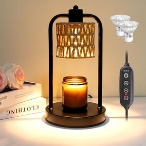 Candle Warmer Lamp with Timer Light: Electric Wax Melt Warming Dimmable | Handwoven Hemp Rope Shade, Foldable Double Stem Top Down Candle Melting Lamp for Home Decor Gift (Black)