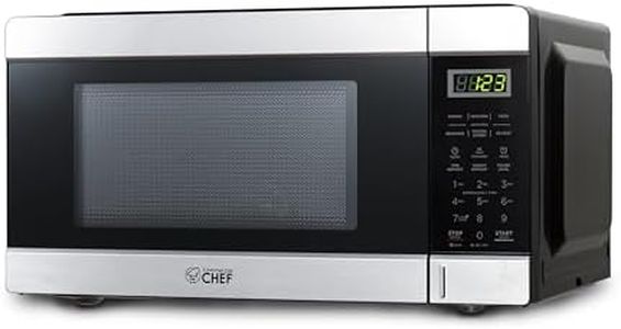 COMMERCIAL CHEF 1.1 Cu Ft Microwave with 10 Power Levels, Small Microwave with Push Button, 1000W Countertop Microwave with Kitchen Timer, Door Lock, & Digital Controls, Stainless Steel