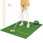 GYMAX 5FT x 4FT Golf Hitting Mat, Artificial Turf Grass Mat with 2 Rubber Tees & 2 Golf Alignment Stick, Indoor Outdoor Golf Stance Mat for Driving & Chipping Practice (27mm thick)