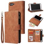 UEEBAI Wallet Case for iPhone 7 Plus iPhone 8 Plus, Premium Vintage PU Leather Magnetic Closure Handbag Zipper Pocket Case Kickstand Card Holder Slots with Wrist Strap TPU Shockproof Flip Cover-Brown