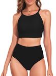 Vozobi Women's Bikini Sets High Neck Crop Top High Waisted Two Pieces Swimsuits Tummy Control Tankini Bathing Suits Black