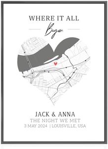 Where It All Began, personalised couple gifts, custom maps, boyfriend gifts, first date memory maps, black and white map print art, girlfriend gifts