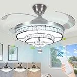 DLLT Crystal Ceiling Fan with Light, 36W Modern Ceiling Fan Remote, 3-Blade Retractable Chandelier Fan, LED Ceiling Fan Light Kit for Living Room, Bedroom, Dining Room, 3 Colors Changeable, Nickel