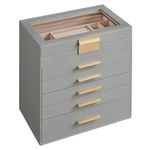 SONGMICS Jewellery Box with Glass Lid, 6-Tier Jewellery Organiser, 5 Drawers, for Sunglasses, Big Jewellery, Jewellery Storage, Modern Style, Dove Grey and Gold Colour JBC171G01