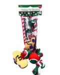 Christmas Dog Stocking Toys. Pack Assorted with Squeaker Inside of Newspaper Toy, Squeaky Boot, a red, Green & White Tennis Ball & red White & Green Knotted Rope Xmas Toy. Small Medium Large Breeds