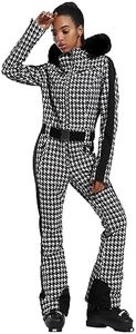 GSOU SNOW Ski Suit Women Ski Outfit One Piece Snowsuit Jumpsuit Houndstooth | Insulated(Duck Down:30g),15k Waterproof,10k Breathable,Windproof,Adjustable&Detachable Elastic Waistt Belt,Stretch Fabric