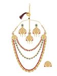 ZAVERI PEARLS Green & Pink South Indian Style Temple Necklace Earring Maangtikka Ring Set For Women-ZPFK11664