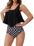 MiYang Women's High Waist Flounce Ruffle Top Bikini Swimsuits Tummy Control Bottoms Two-Piece Bathing Suits Flounce Peplum Black Polka Dot Large(US 8-10)