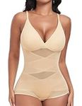 Niwicee Women Bodysuit Tummy Control Shapewear Seamless Sculpting Body Shaper V Neck Jumpsuit Tops with Adjustable Straps(Skin,M)