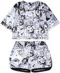 Quker Bean Women's Ahego Face Print 2 Piece Outfits Crop Top and Shorts Pajamas Set XS-2XL, Gray, Small