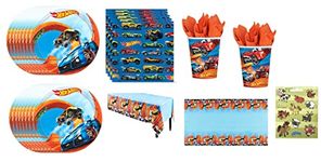 Amscan Hot Wheels Wild Racer Birthday Party Supplies Bundle Pack for 16 includes Dessert Plates, Napkins, Cups, Table Cover