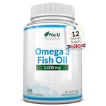 Omega 3 Fish Oil 1000mg - 365 Softgel Capsules - 1 Year Supply - High Strength Pure Fish Oil with Balanced EPA & DHA - Contaminant Free Omega 3 - Nu U Nutrition