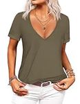 Beyove Women's Deep V T-Shirt Summer Short Sleeve Loose Casual Tee Shirt Army Green